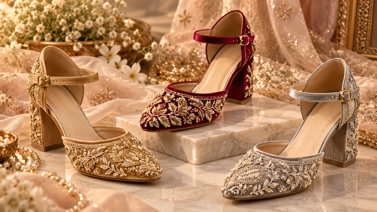 Gold, silver and burgundy embellished occasion heels for South Asian weddings