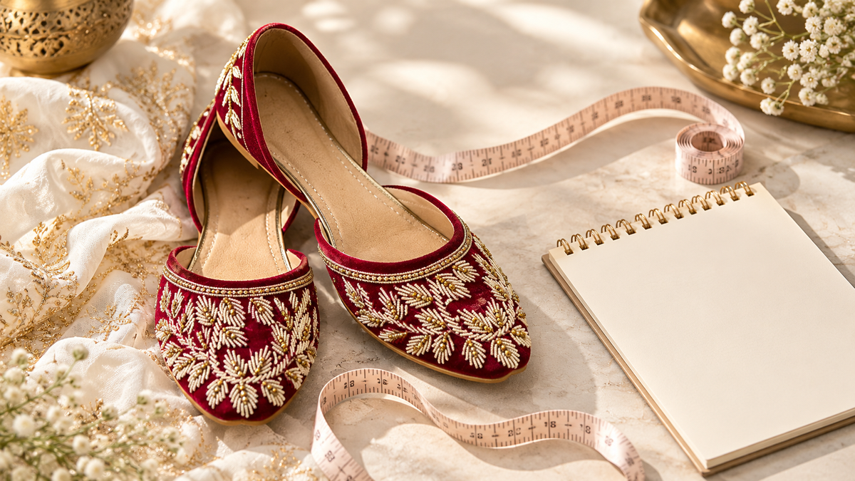 Punjabi juttis with measuring tape for Desi Step sizing guide