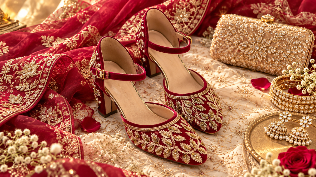 Embellished bridal heels styled with South Asian wedding accessories