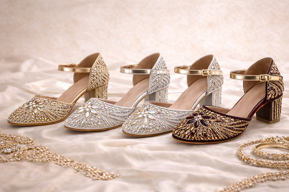 Gold embellished occasion heels by Desi Step London