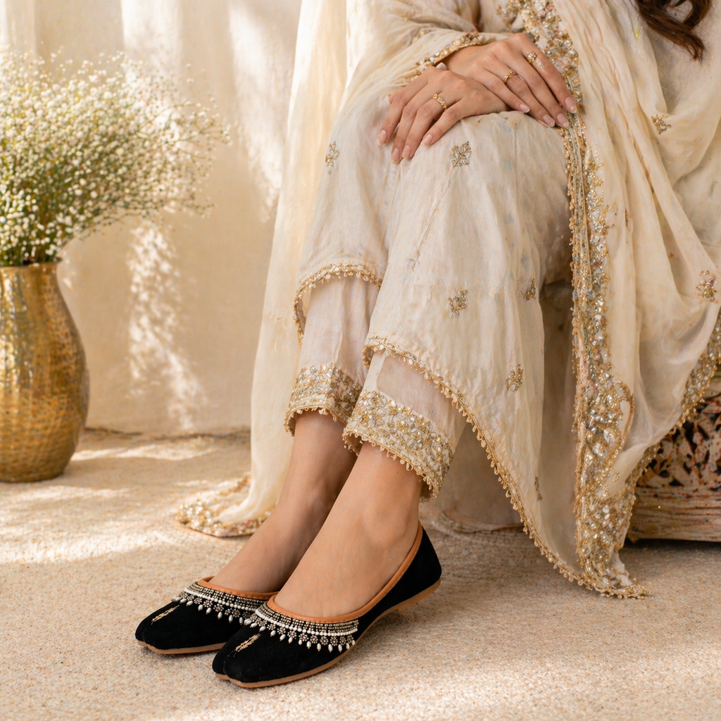 Black embellished Punjabi juttis by Desi Step London