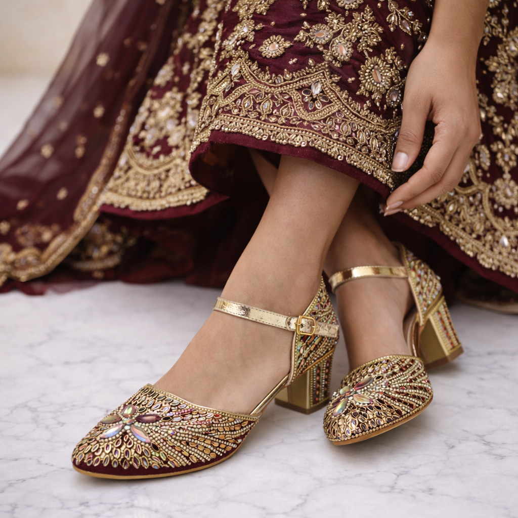 Burgundy embellished block heels by Desi Step London