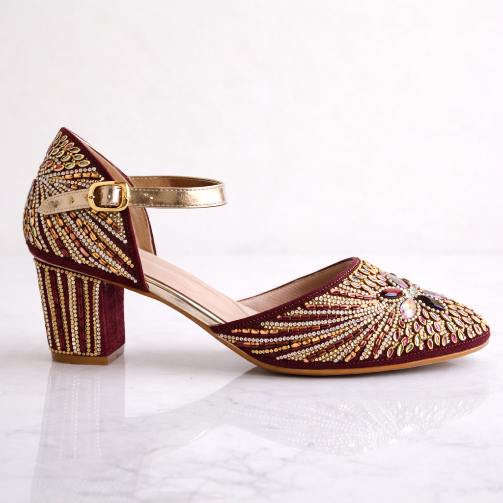 Burgundy embellished block heels by Desi Step London