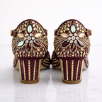 Burgundy embellished block heels by Desi Step London