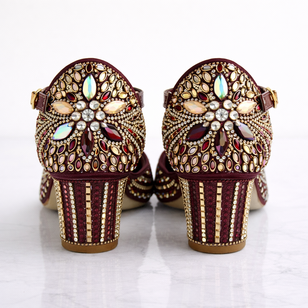 Burgundy embellished block heels by Desi Step London