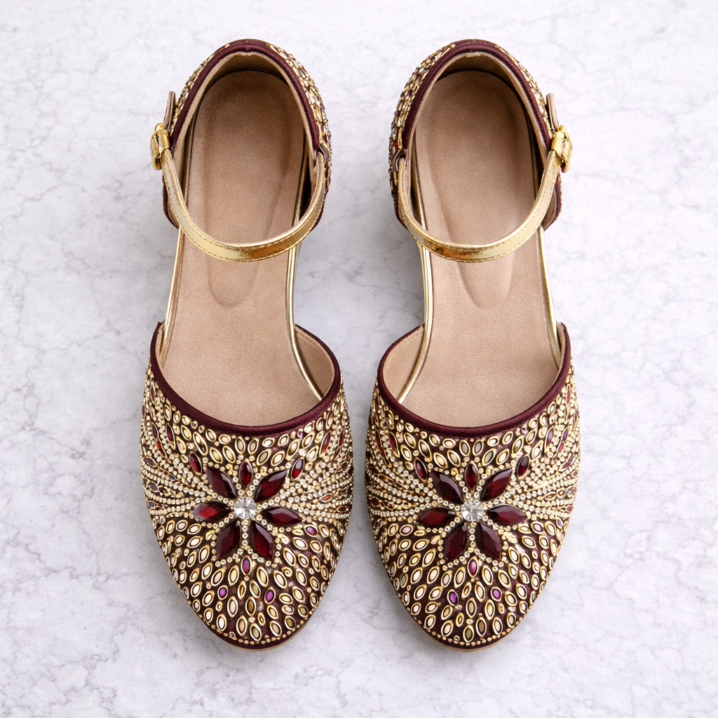 Burgundy embellished block heels by Desi Step London