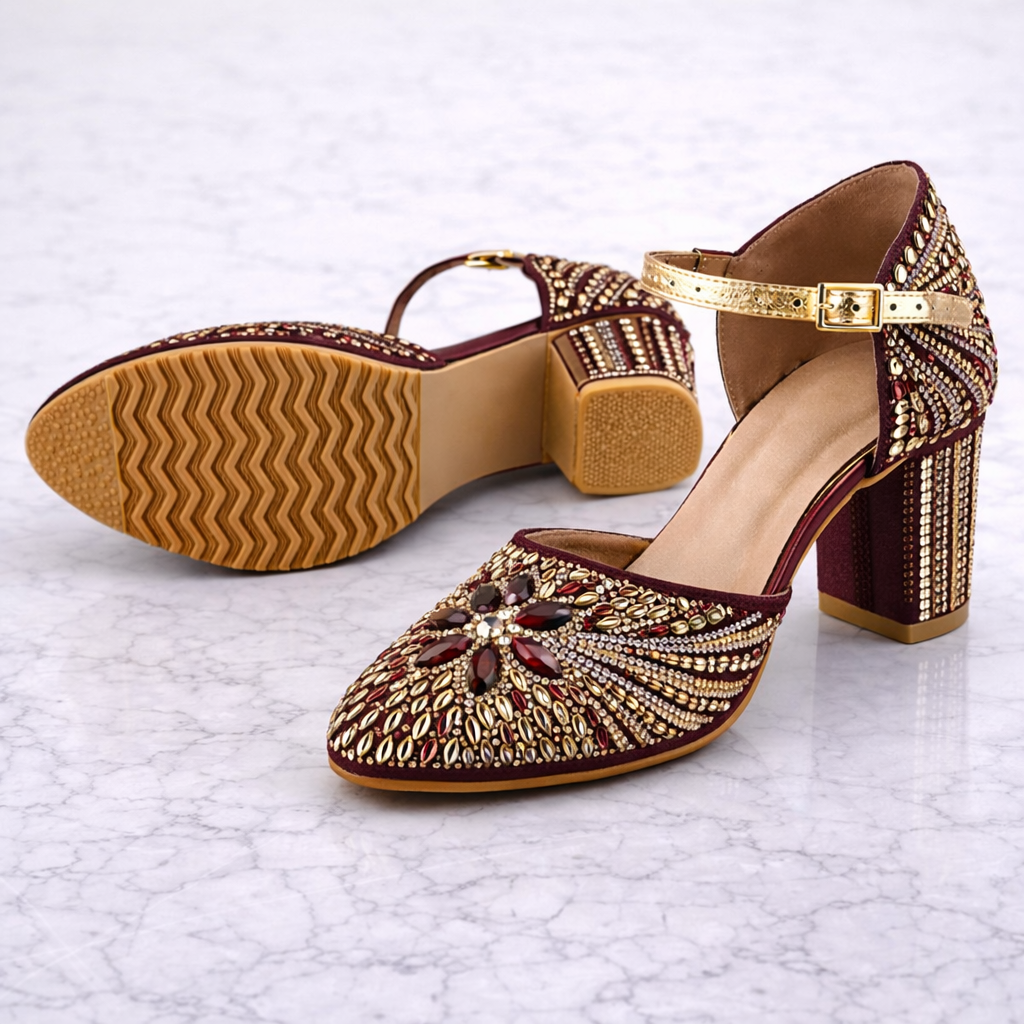 Burgundy embellished block heels by Desi Step London