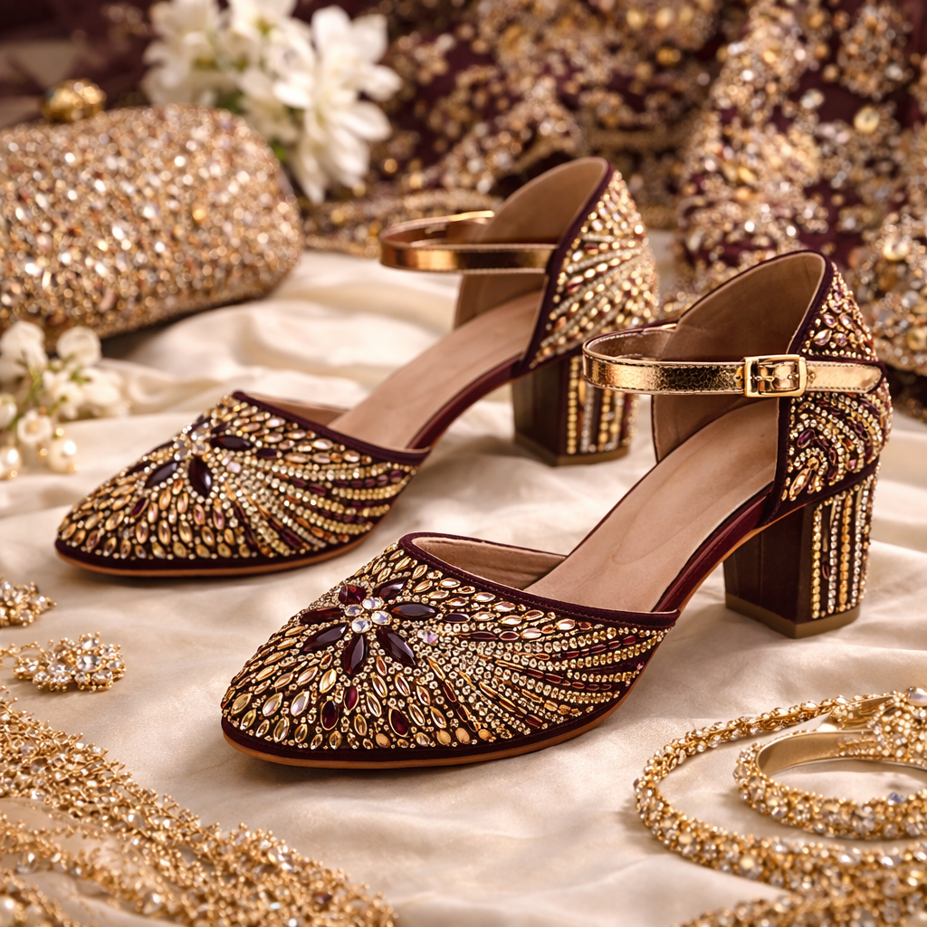 Burgundy embellished block heels by Desi Step London