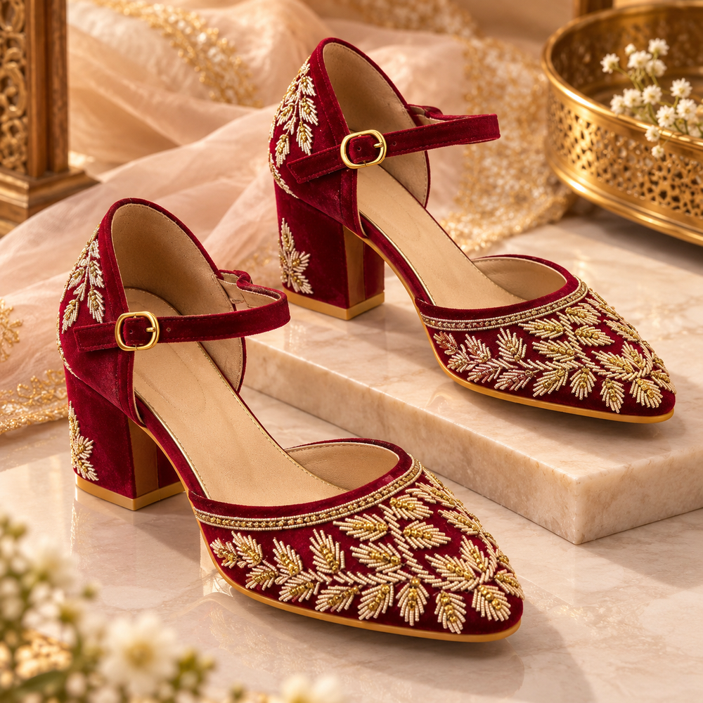 Red Leaf Embroidered Block Heels – Luxury Bridal & Occasion Shoes