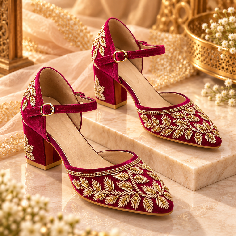 Fuchsia Leaf Embroidered Block Heels – Luxury Bridal & Occasion Shoes