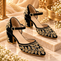 Black Leaf Embroidered Block Heels – Luxury Bridal & Occasion Shoes
