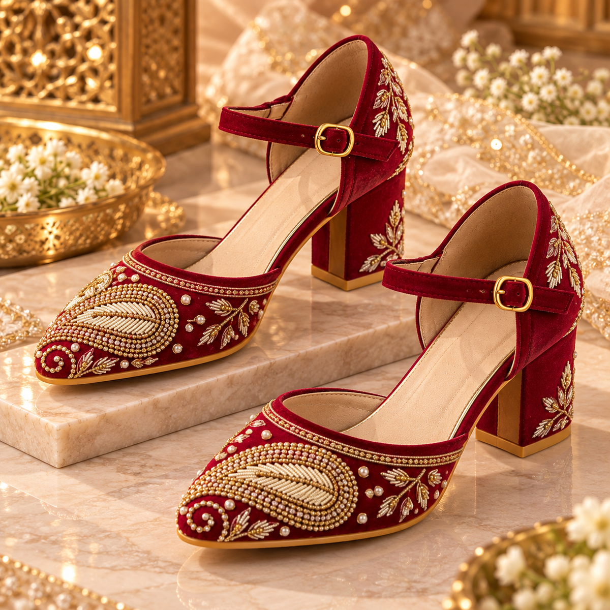 Red Paisley Embellished Block Heels – Luxury Bridal & Occasion Shoes