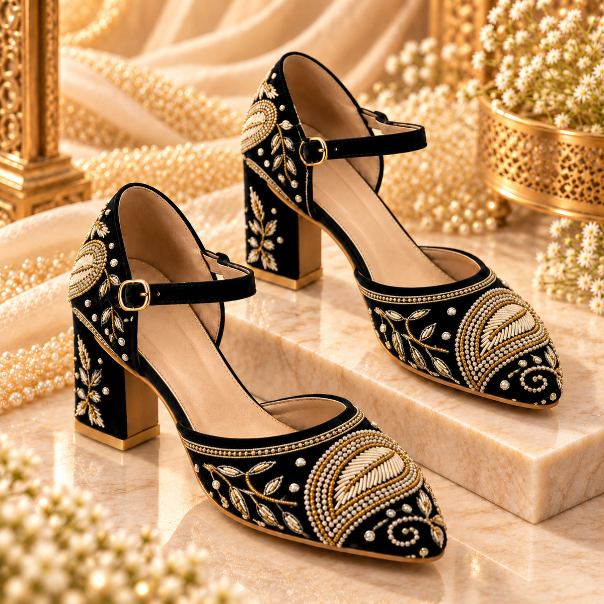 Black Paisley Embellished Block Heels – Luxury Bridal & Occasion Shoes