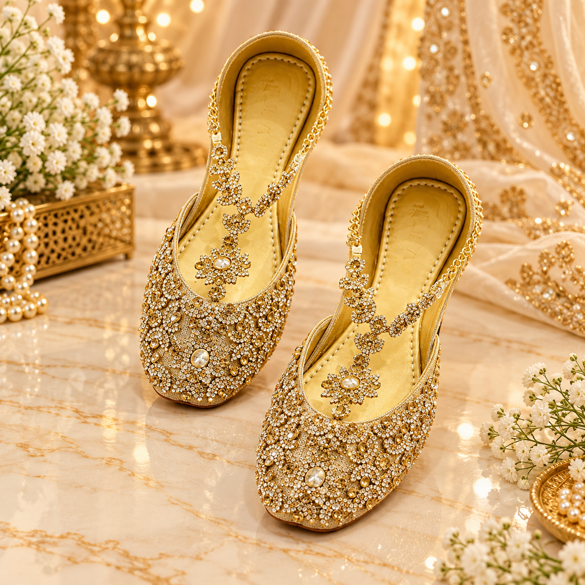 Royal Gold Crystal Pendant Punjabi Juttis – Luxury Bridal & Occasion Flats