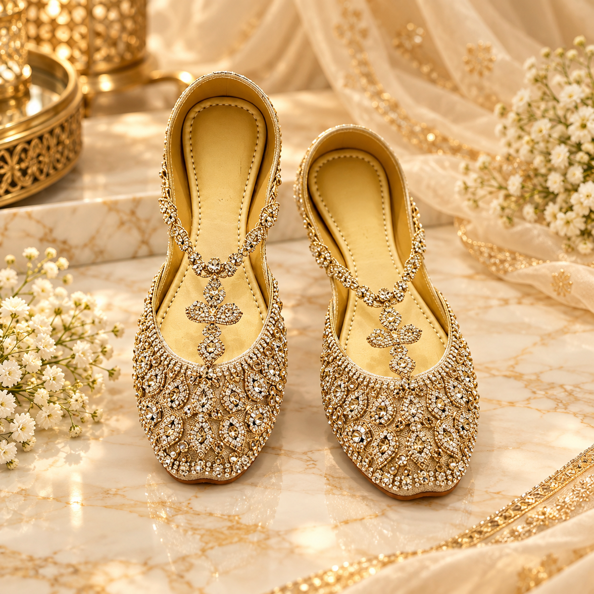 Regal Gold Crystal Swirl Punjabi Juttis – Luxury Bridal & Occasion Flats