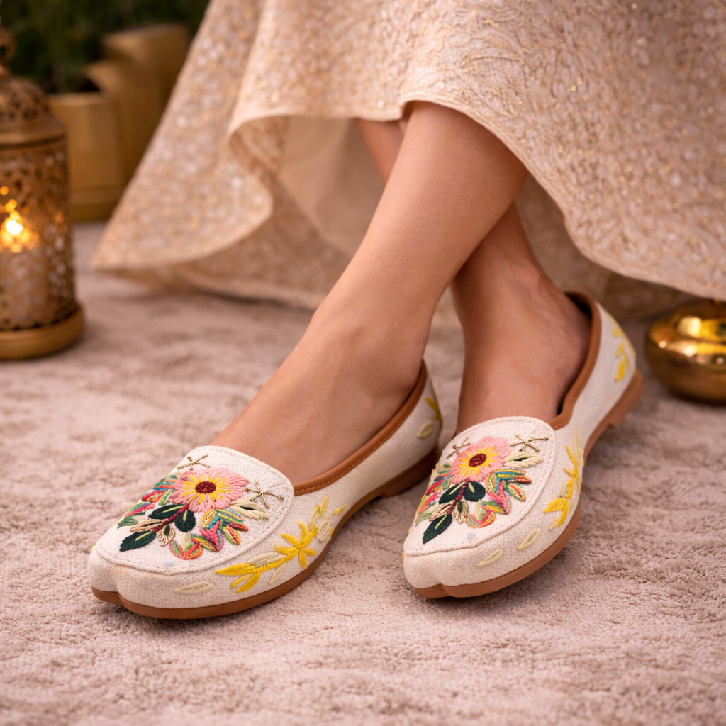 Off-white floral embroidered Punjabi jutti by Desi Step London