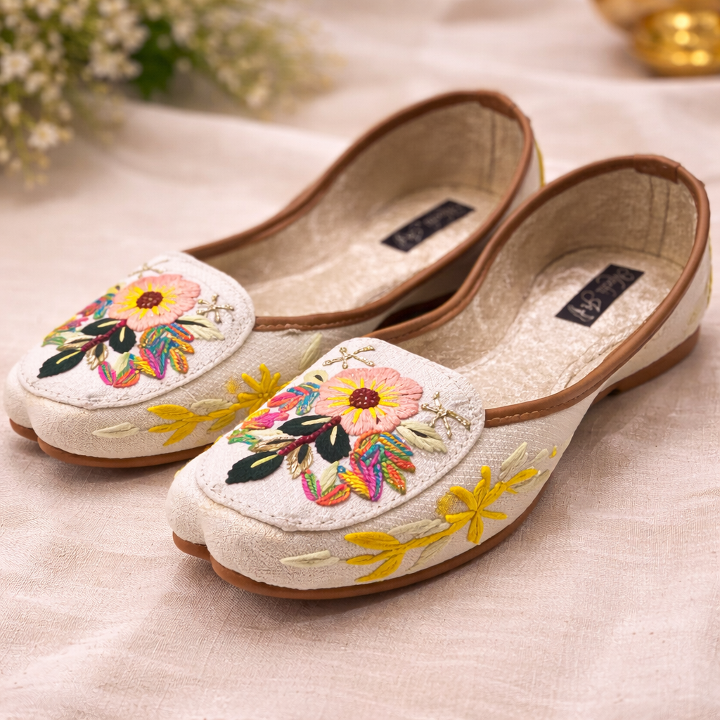 Off-white floral embroidered Punjabi jutti by Desi Step London