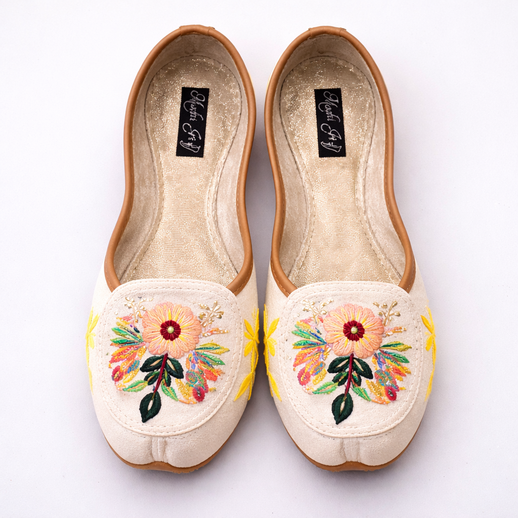Off-white floral embroidered Punjabi jutti by Desi Step London