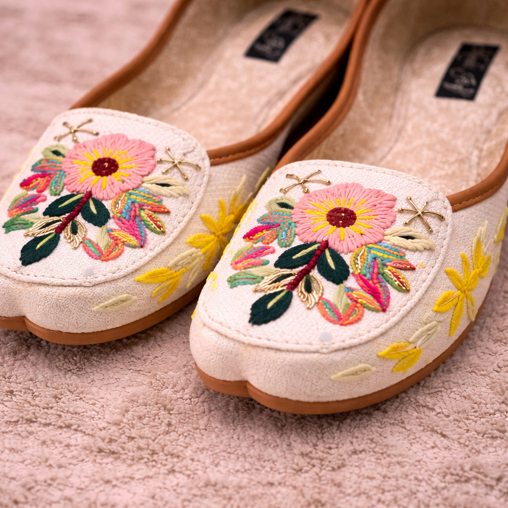 Off-white floral embroidered Punjabi jutti by Desi Step London