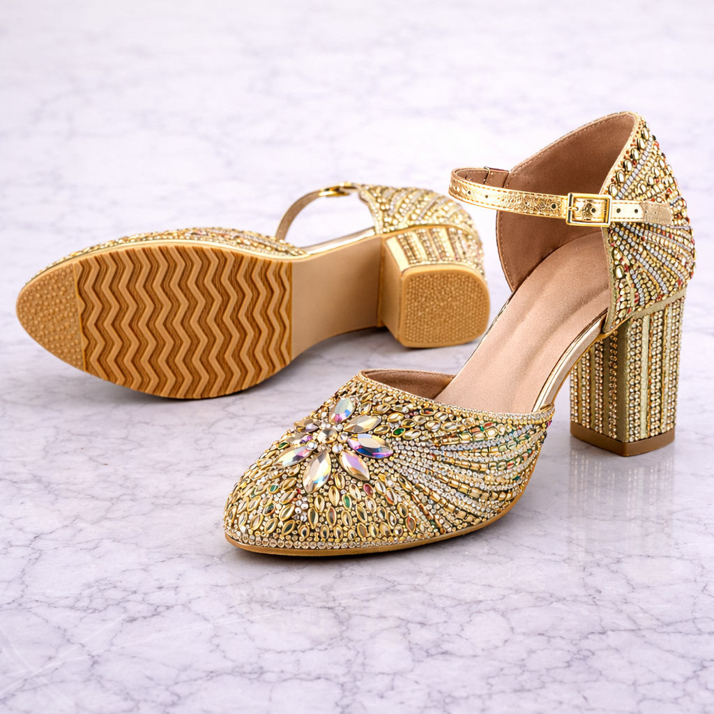 Gold embellished bridal block heels by Desi Step London