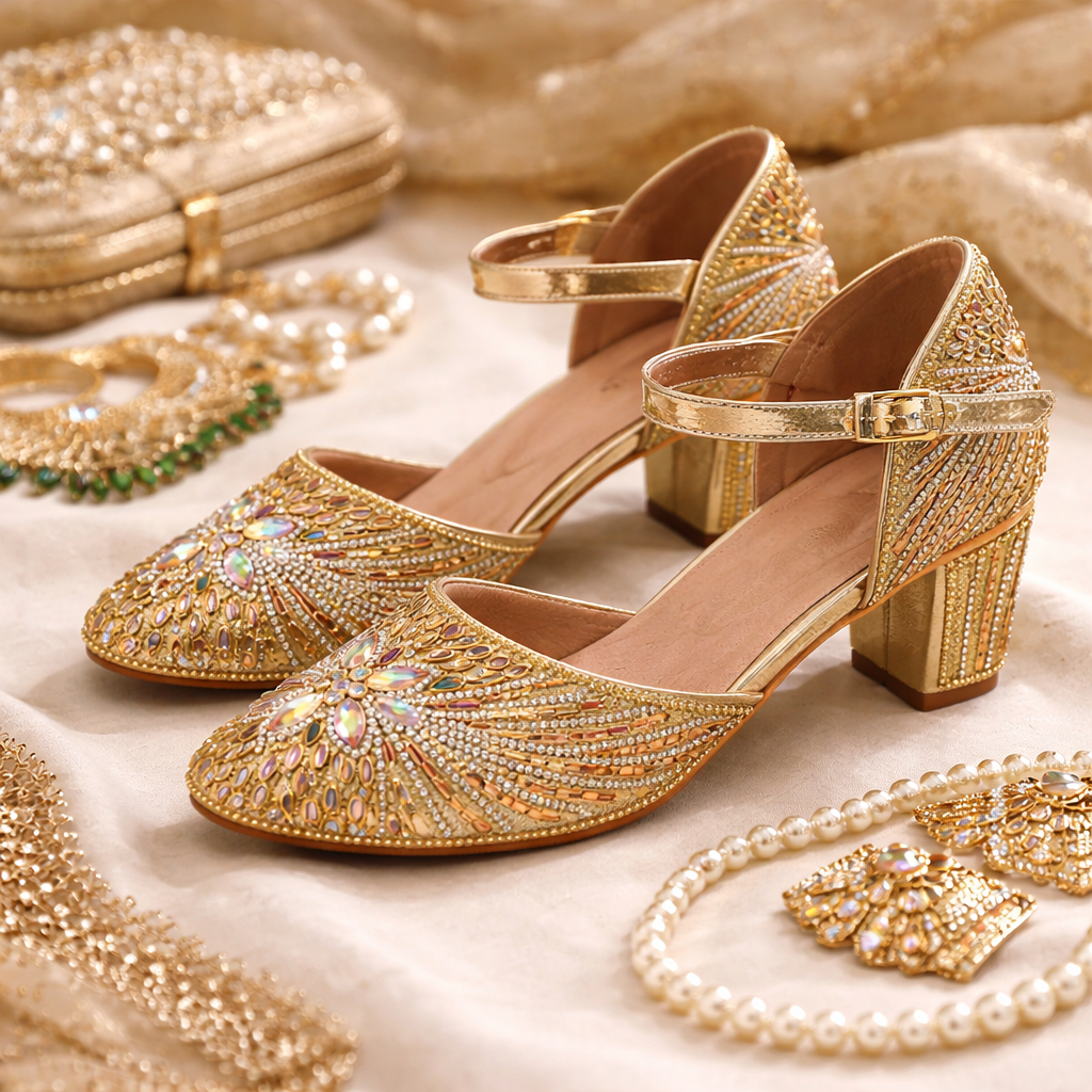 Gold embellished bridal block heels by Desi Step London