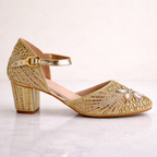Gold embellished bridal block heels by Desi Step London