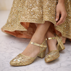 Gold embellished bridal block heels by Desi Step London