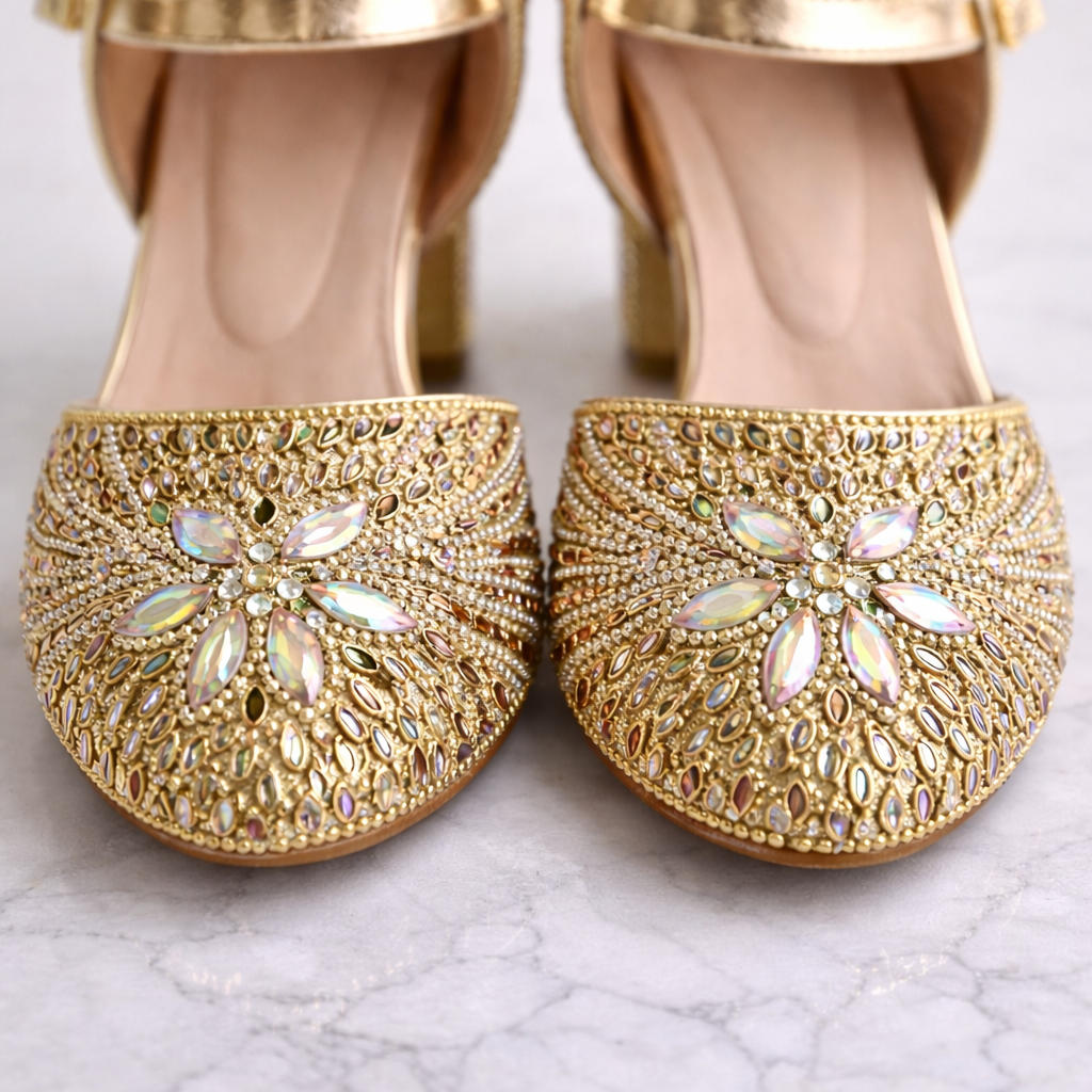 Gold embellished bridal block heels by Desi Step London
