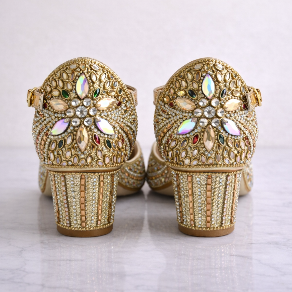 Gold embellished bridal block heels by Desi Step London
