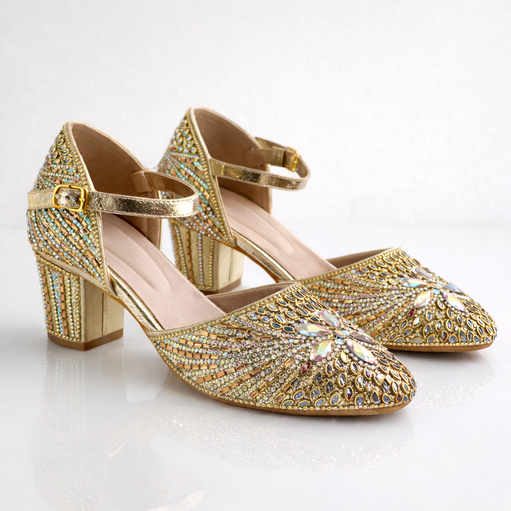 Gold embellished bridal block heels by Desi Step London