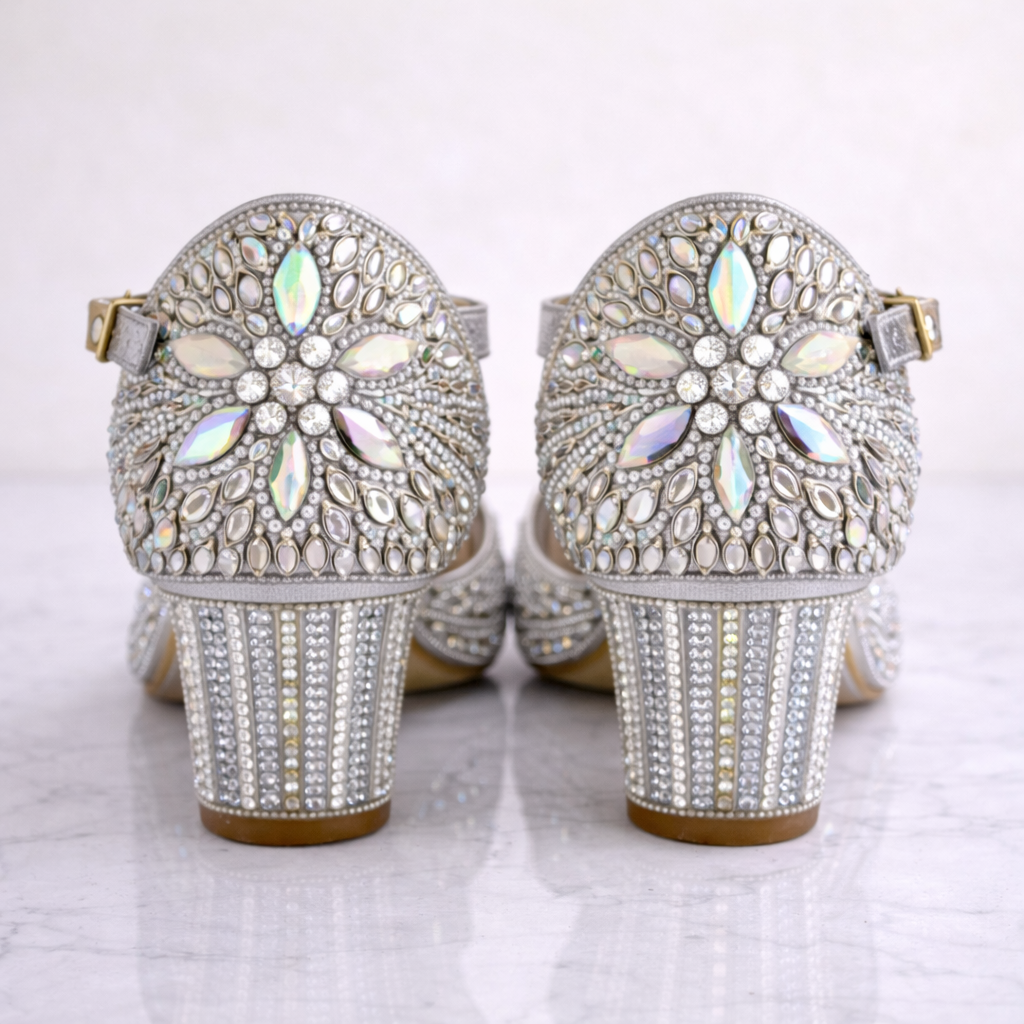 Silver embellished bridal block heels by Desi Step London