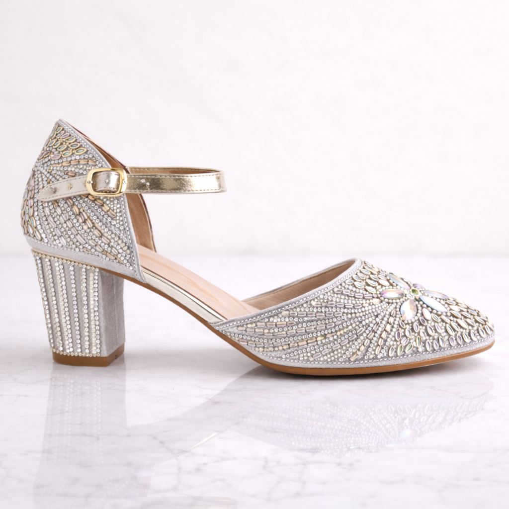 Silver embellished bridal block heels by Desi Step London