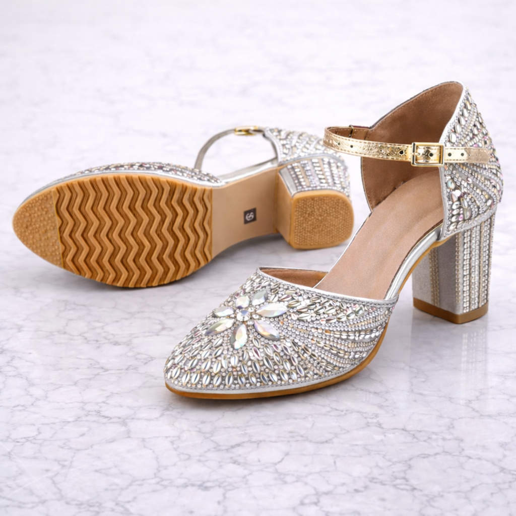 Silver embellished bridal block heels by Desi Step London