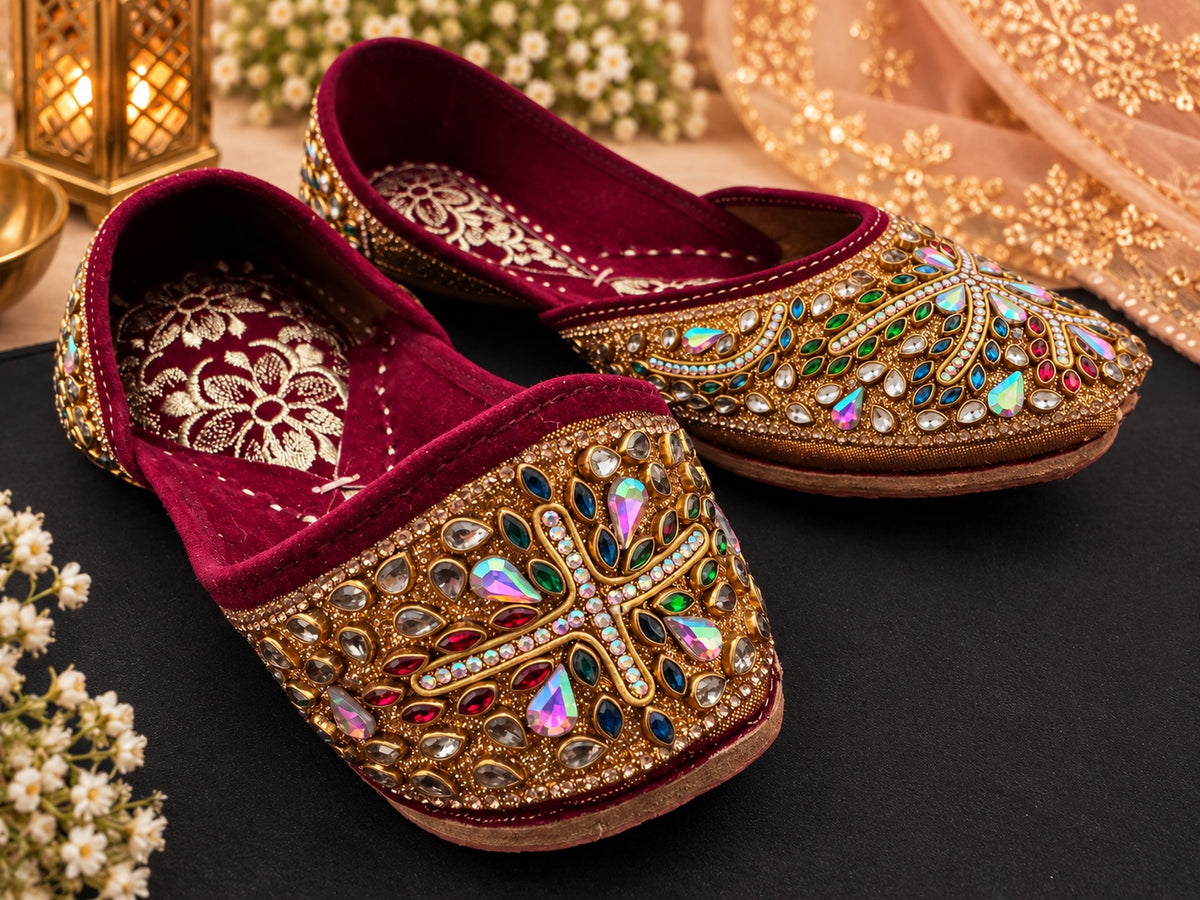Burgundy and gold embellished Punjabi juttis - pair view