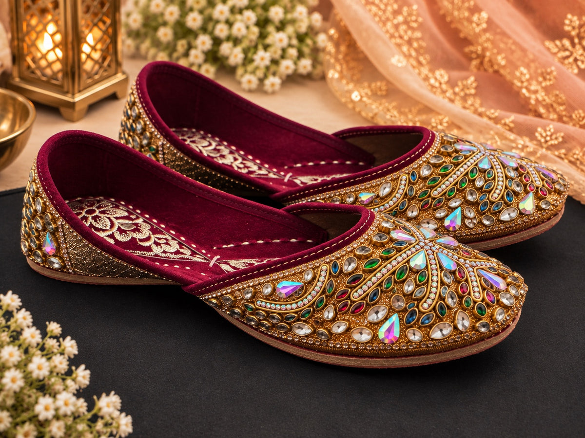 Burgundy and gold embellished Punjabi juttis - embellishment detail