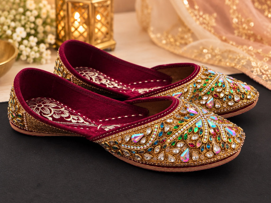 Burgundy and gold embellished Punjabi juttis - side view