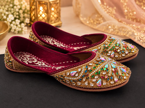 Burgundy and gold embellished Punjabi juttis - side view