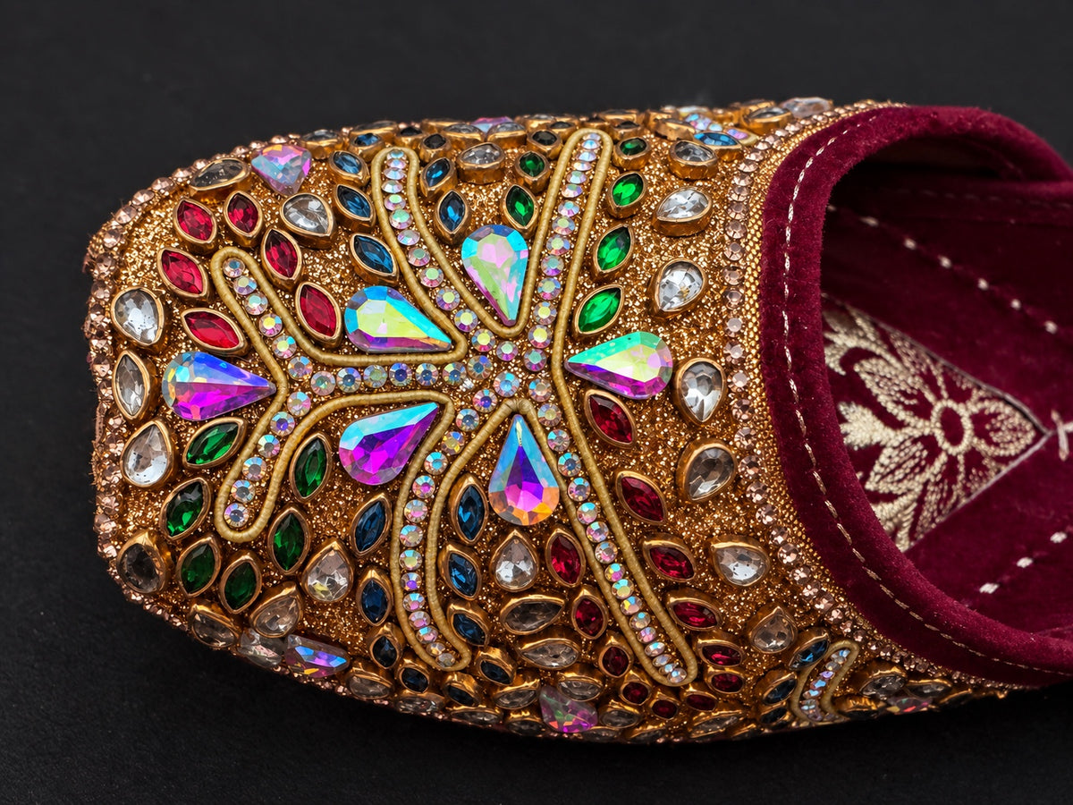 Burgundy and gold embellished Punjabi juttis - detailed view