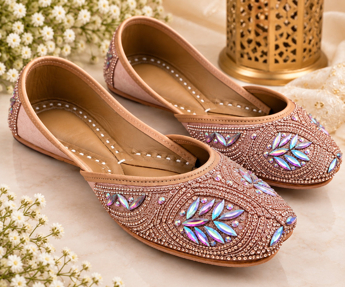 Rose gold crystal embellished Punjabi juttis - pair view