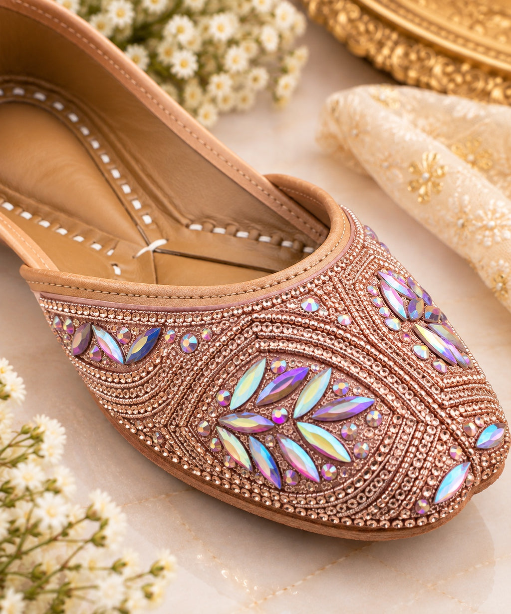 Rose gold crystal embellished Punjabi juttis - styled view