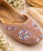Rose gold crystal embellished Punjabi juttis - styled view