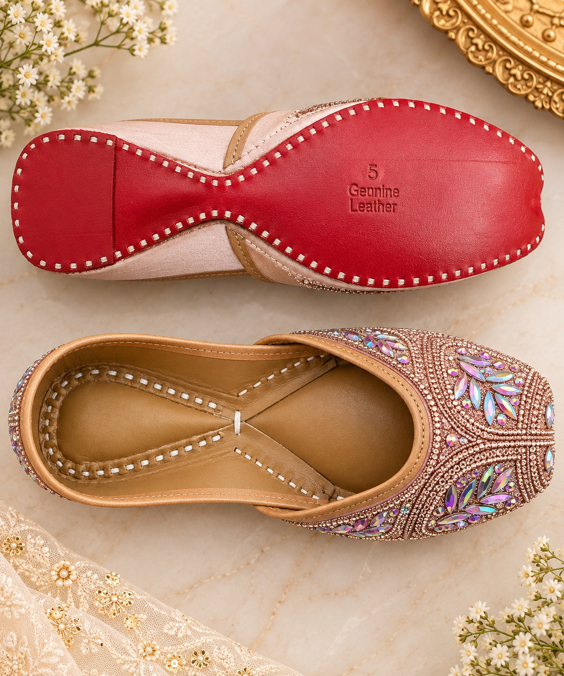 Rose gold crystal embellished Punjabi juttis - crystal detail
