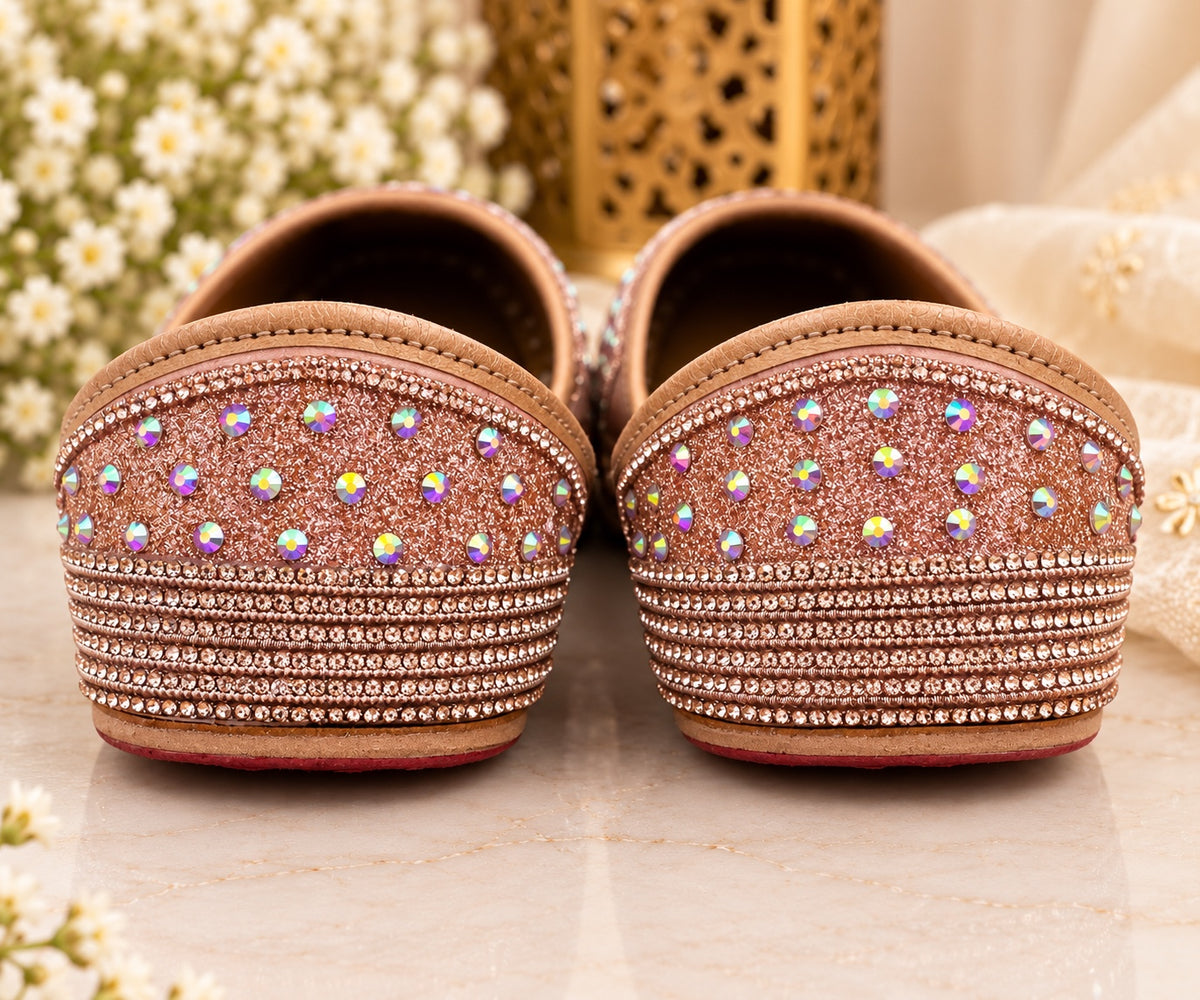 Rose gold crystal embellished Punjabi juttis - side view