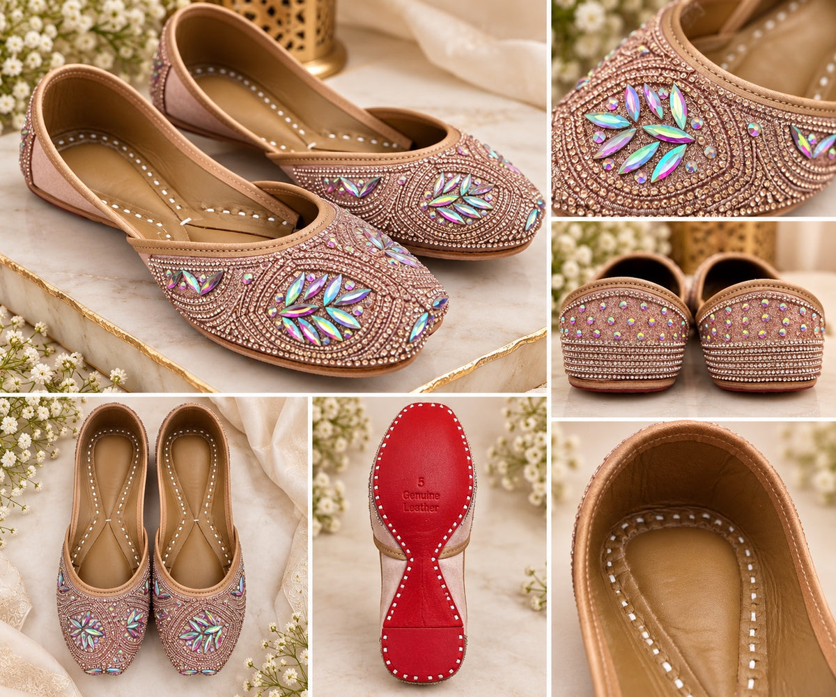 Rose gold crystal embellished Punjabi juttis - detailed view