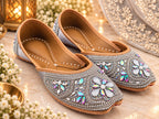 Silver crystal embellished Punjabi juttis - pair view
