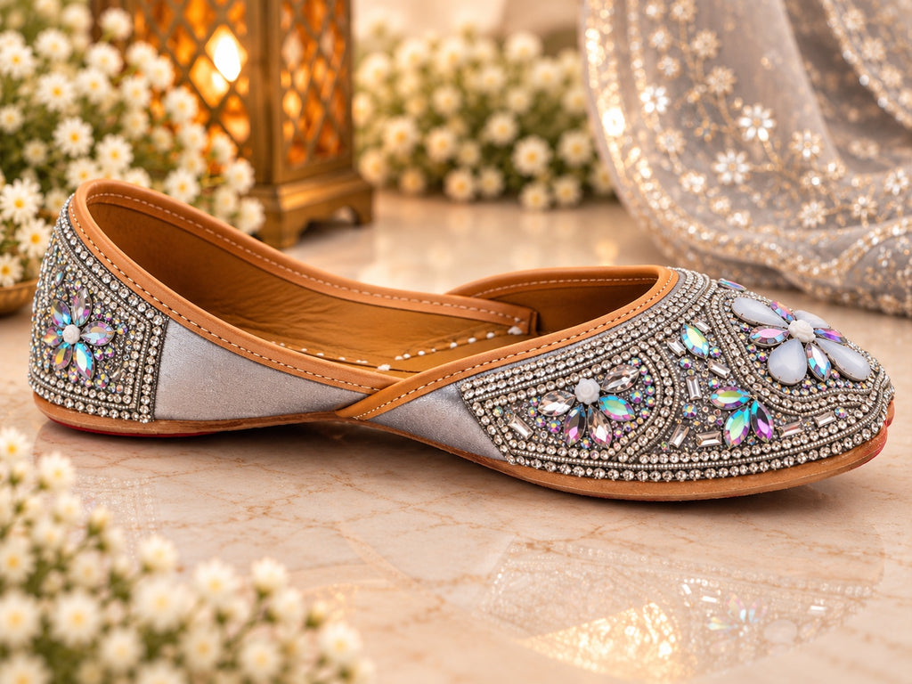 Silver crystal embellished Punjabi juttis - styled view
