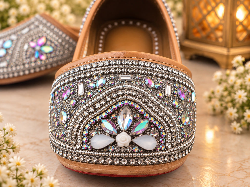 Silver crystal embellished Punjabi juttis - side view